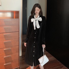 Large women's annual meeting light luxury retro single breasted butterfly Ribbon Dress