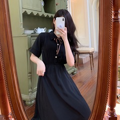Real large women's dress French retro waist bow thin dress medium length tea break skirt small black dress
