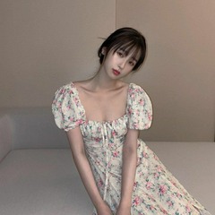 Yu Shuxin's same floral dress French square neck bubble sleeve split print Vintage long skirt 2021 summer women's dress