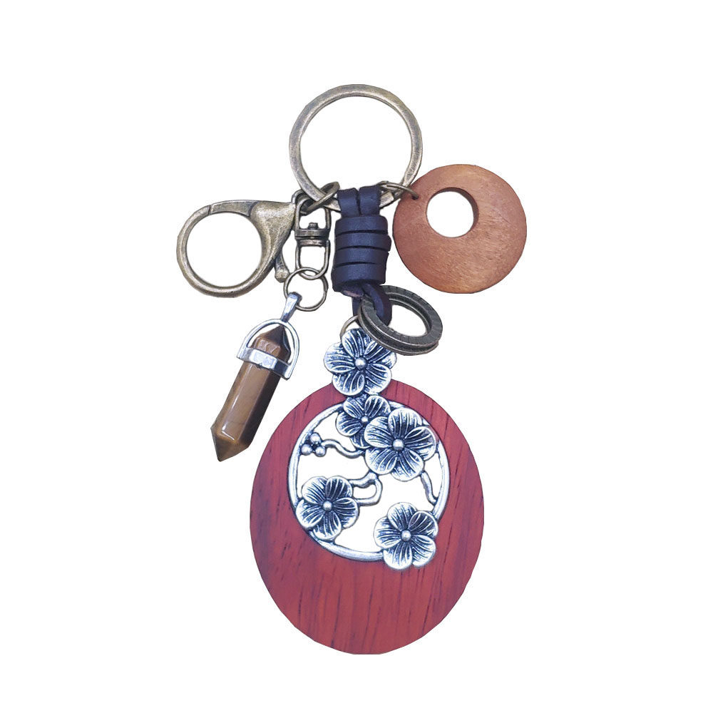 民族风檀木合金镶嵌挂件复古牛皮编织钥匙扣文艺气质女士挂饰