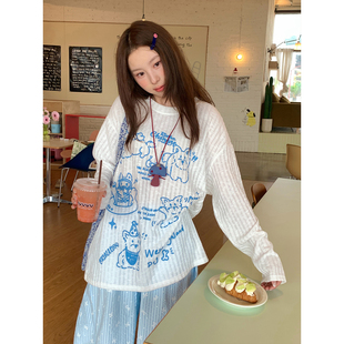 钟一诺 甜酷趣味小狗微透防晒罩衫女夏季薄款慵懒显瘦宽松长袖T恤