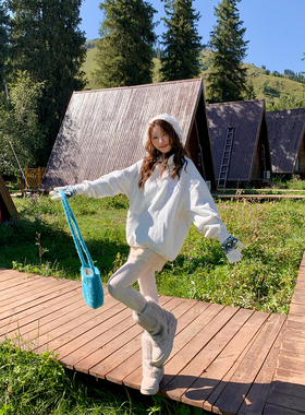 钟一诺 灰色爱心蕾丝花边连帽毛衣女秋冬美式复古甜酷百搭帽衫