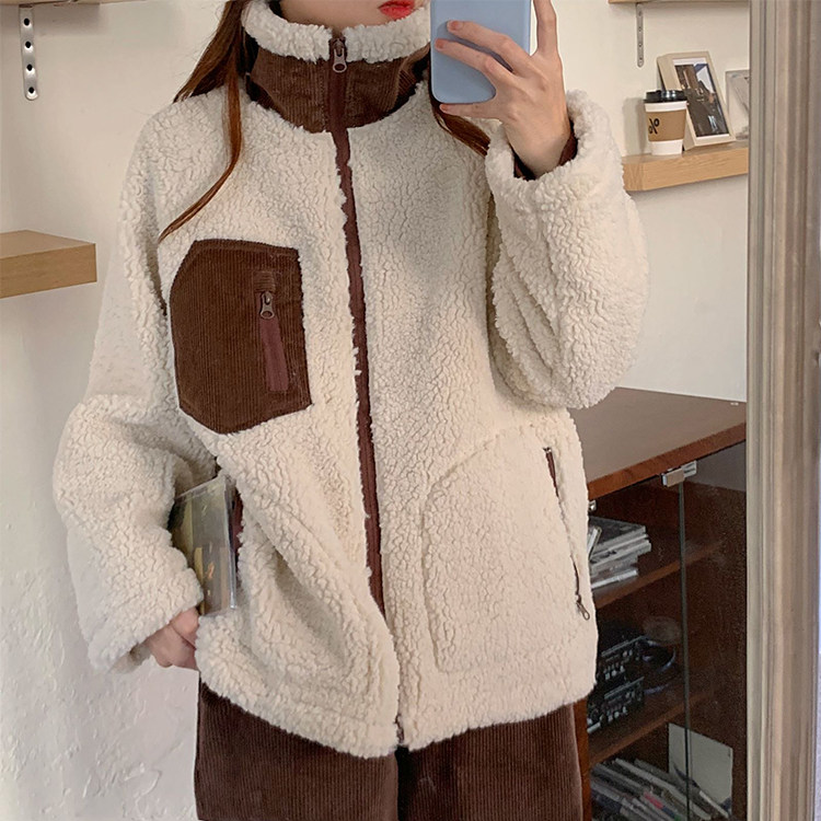 Real shot real price winter Korean chic simple stand collar contrast color lamb wool warm coat three standard complete