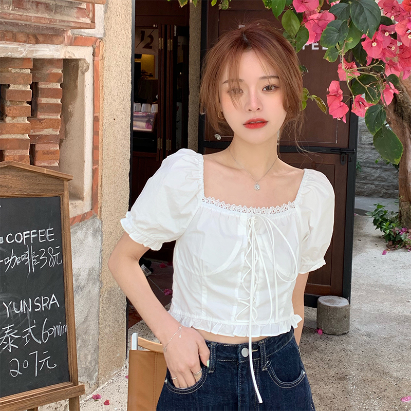 Real shot real price Han Xia Yuanqi girl lace up short shirt~