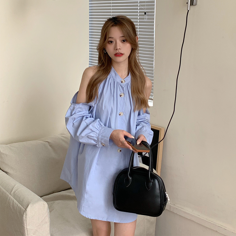Real price early summer solid color off shoulder long sleeve shirt and skirt