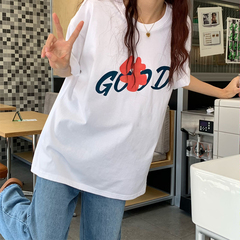 Real price sweet summer oversized multi word print short sleeve loose T-shirt