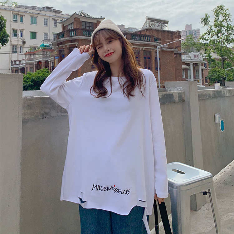 Real time real price winter Korean chic irregular print, broken hole, ground wool, thick, inside and outside T-shirt