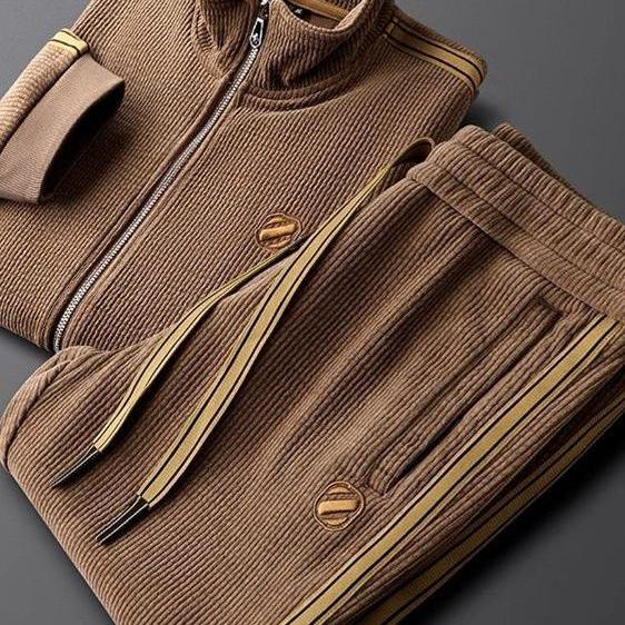 轻奢秋冬季保暖纯色休闲运动套装修身潮流外套男士直筒条纹两件套