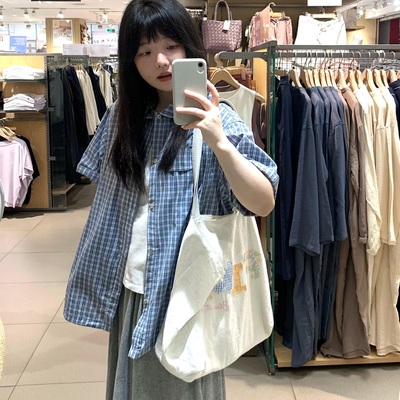 夏季格子短袖衬衫女2025新款美式