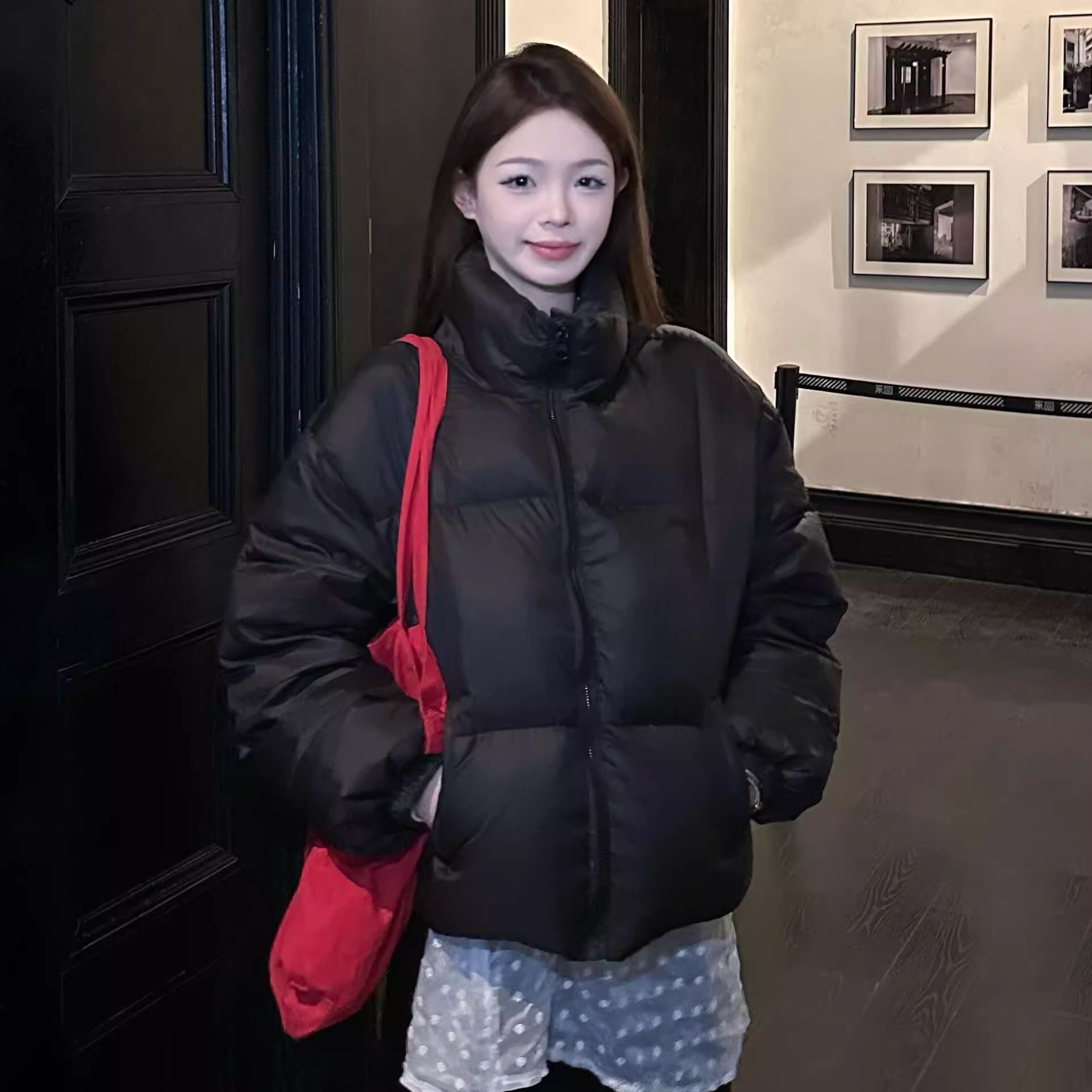 韩系黑色立领短款棉服女2025冬季