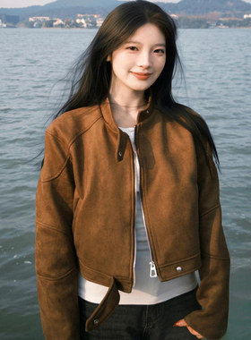 美式复古短款麂皮绒外套女2026春