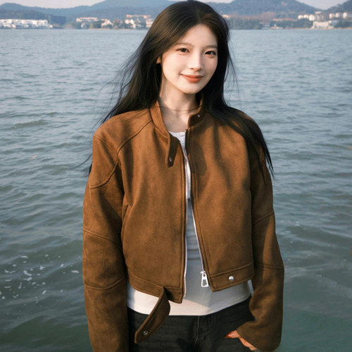 美式复古短款麂皮绒外套女2025秋