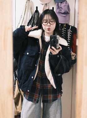 美式复古羊羔毛领加厚保暖棉服女