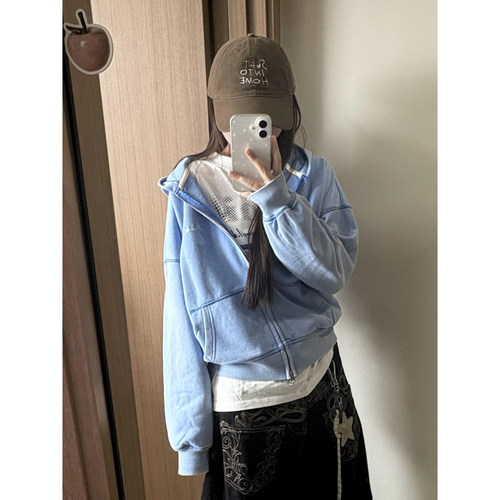 复古蓝连帽卫衣短外套女秋新款