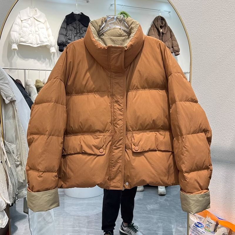 撞色立领短款羽绒服女韩系休闲风大口袋保暖面包服冬百搭宽松外套