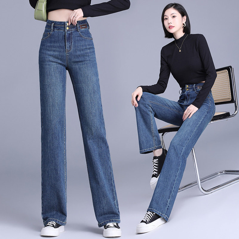 品牌外贸折扣2024春秋季新款高腰显瘦牛仔裤女直筒长裤子阔脚