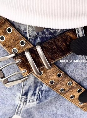 DBFIT复古纯手工虎纹真马毛3.8cm免打孔头层牛皮双排扣奶牛纹腰带