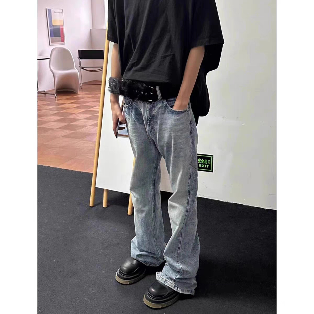 闪电纹水流纹bootcut DirtyFit冰蓝水洗破坏微喇cleanfit牛仔裤