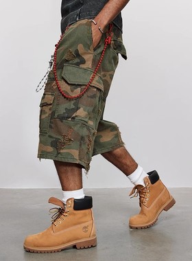 夏日潮牌军旅破坏迷彩石磨水洗做旧七分裤破洞工装裤宽松阔腿短裤