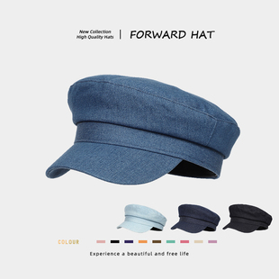 复古牛仔平顶贝雷帽子女英伦报童画家帽大头围显脸小日系八角帽潮