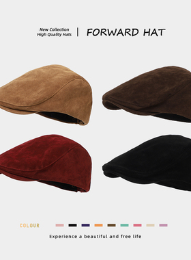 日系复古麂皮绒前进帽子女英伦文艺显脸小秋冬季反戴鸭舌贝雷帽男