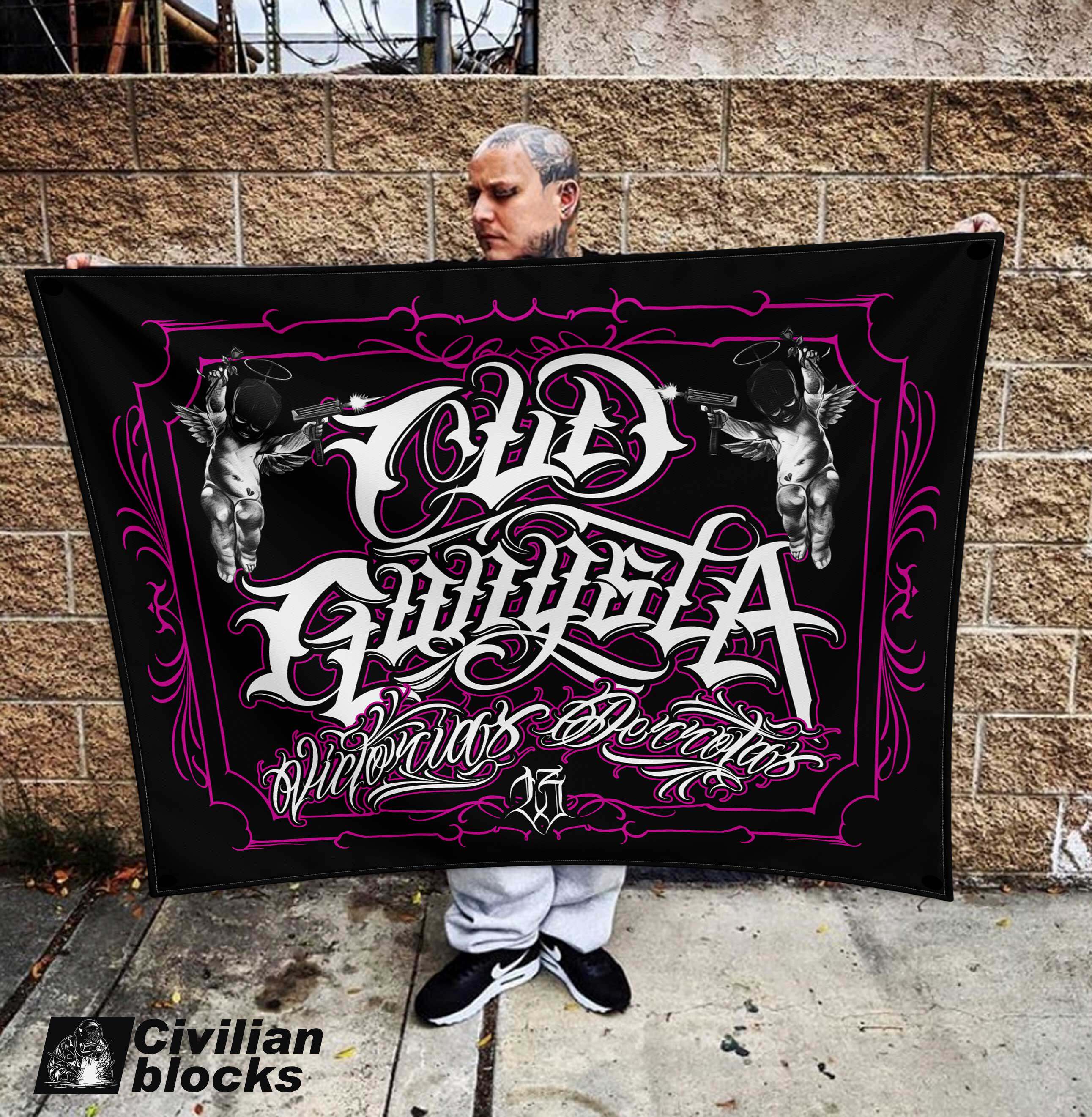 奇卡诺直播说唱西海岸花体字冈斯特匪帮网红纹身天使hiphop背景布