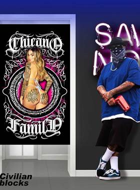 定制奇卡诺大妞tattoo西海岸花体字old school粉色纹身hiphop门帘