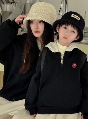 冬季炸街亲子装黑色儿童卫衣加薄绒男孩宽松女童秋季连帽加绒帽衫