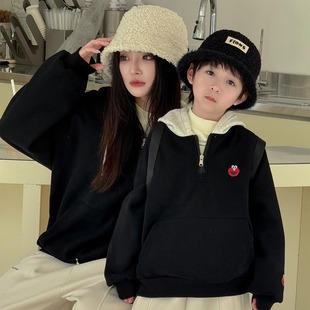 冬季炸街亲子装黑色儿童卫衣加薄绒男孩宽松女童秋季连帽加绒帽衫