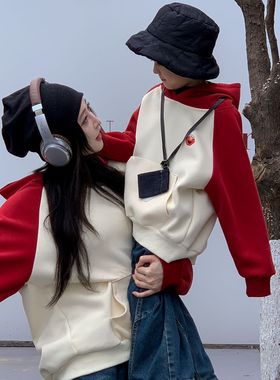2025冬超好看亲子装红色儿童卫衣加薄绒男孩女童秋季连帽加绒帽衫