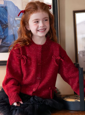 2026新款冬装韩女童新年衣服好看红色开衫毛衣女款儿童针织衫喜庆