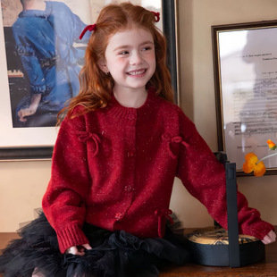 2026新款冬装韩女童新年衣服好看红色开衫毛衣女款儿童针织衫喜庆