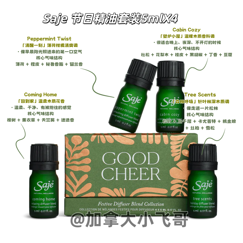 加拿大发 Saje节日香薰精油套装5ml×4 回家/清新/壁炉/森林 C