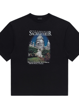 黑色圣诞树21SS 巴黎圣母院教堂城堡Vintage水洗做旧破坏短袖T恤