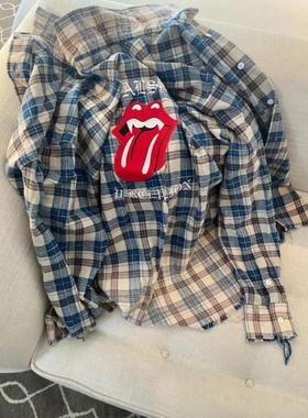 24SS False褪色做旧水洗蓝格纹破坏磨毛刺绣潮流复古长袖衬衫外套