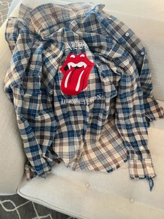 外套 衬衫 24SS False褪色做旧水洗蓝格纹破坏磨毛刺绣潮流复古长袖