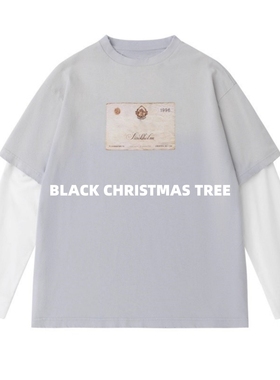 黑色圣诞树AC 25SS灰蓝假两件拼接破坏水洗做旧长袖T恤李宇春上身