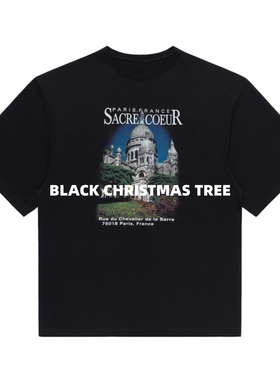 黑色圣诞树21SS 巴黎圣母院教堂城堡Vintage水洗做旧破坏短袖T恤