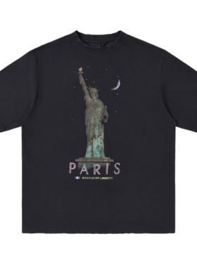 24SS自由女神像破坏水洗做旧潮流高街复古宽松OS廓形秀款短袖T恤