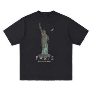 24SS自由女神像破坏水洗做旧潮流高街复古宽松OS廓形秀款 T恤 短袖