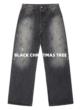 黑色圣诞树AC 24FW涂绘泼墨2021M水洗做旧黑灰色直筒阔腿牛仔裤