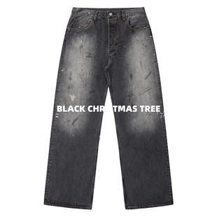 黑色圣诞树AC 24FW涂绘泼墨2021M水洗做旧黑灰色直筒阔腿牛仔裤