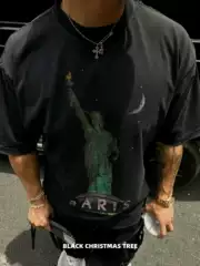 25Ss Statue of Liberty Distressed Washed Vintage Trendy High Street Loose Oversized Show-Stopping Short-Sleeve T-Shirt