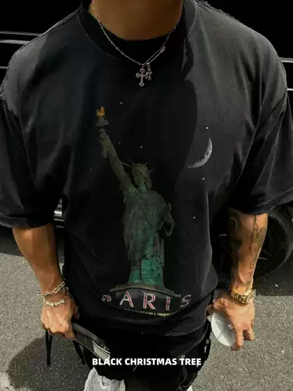 25Ss Statue of Liberty Distressed Washed Vintage Trendy High Street Loose Oversized Show-Stopping Short-Sleeve T-Shirt