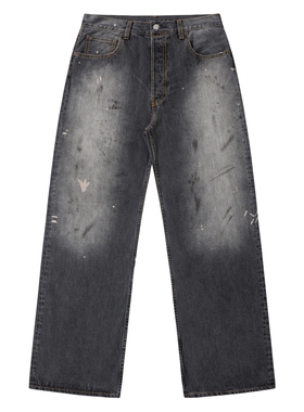 黑色圣诞树AC 24FW涂绘泼墨2021M水洗做旧黑灰色直筒阔腿牛仔裤