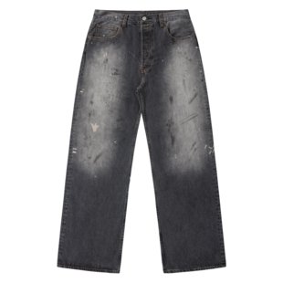 黑色圣诞树AC 24FW涂绘泼墨2021M水洗做旧黑灰色直筒阔腿牛仔裤