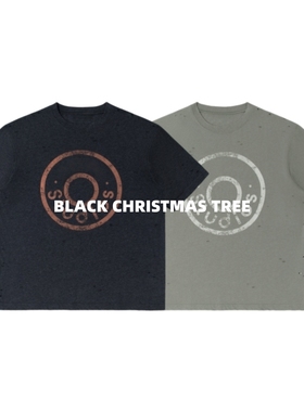 黑色圣诞树AC 25SS圆圈斑驳字母破洞做旧水洗复古宽松混纺短袖T恤