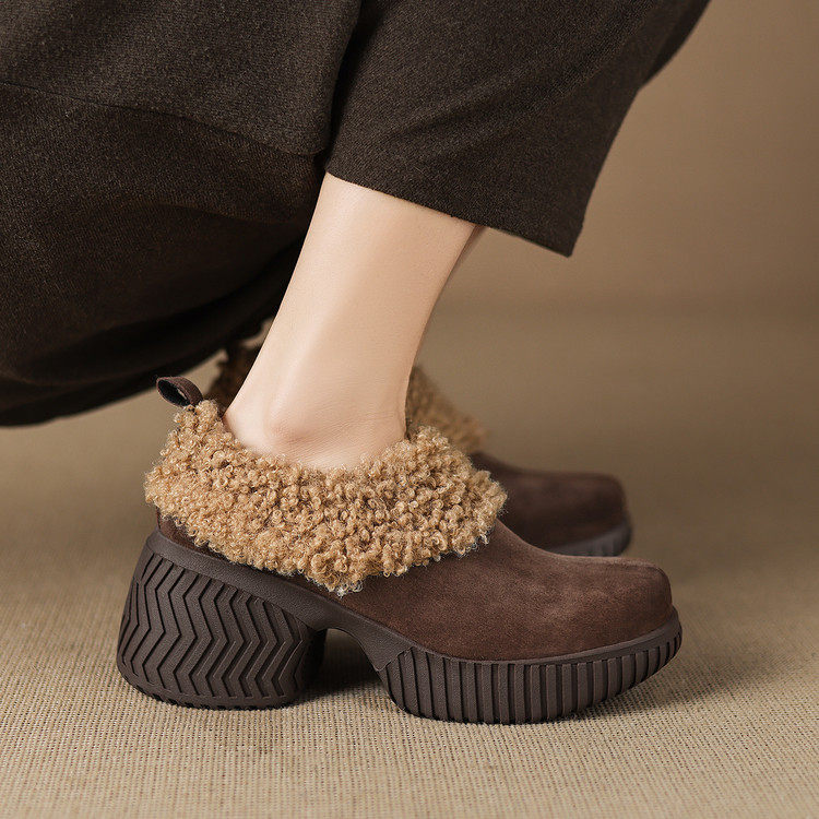 羊皮版~复古厚底单鞋女新款加绒一脚蹬增高粗跟毛毛鞋乐福鞋棉鞋,女鞋,乐福鞋（豆豆鞋）,淘宝优惠券,粉丝福利购,淘宝优惠卷