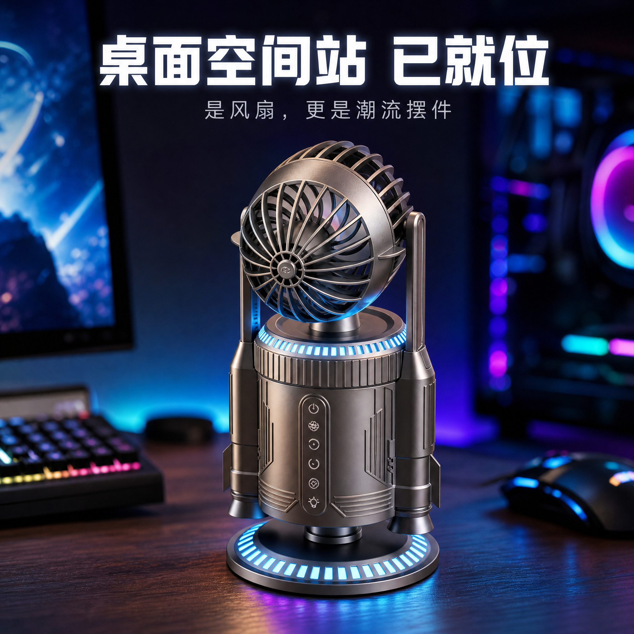 火箭创意风扇办公室桌面摇头喷雾静音usb充电强风力双驱喷雾RGB炫彩静音多功能送女男友61毕业季实用生日礼物