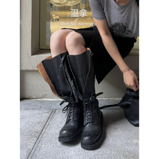朋克做旧时尚复古显瘦不过膝长靴皮带扣雕花骑士靴女厚底高筒女靴